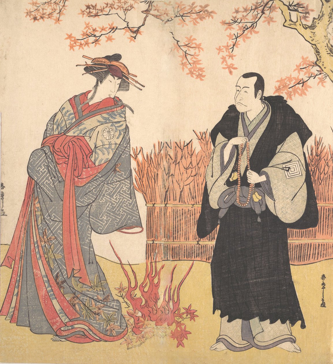 Den anden Segawa Tomisaburo som en høj kurtisane stående i et værelse, ca. 1785. af Shunsho