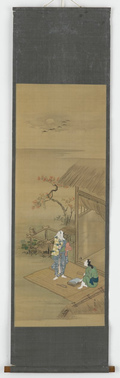 To bondepiger slår tøj udenfor et hus, Edo-perioden, 1700-tallet. af Shunsho