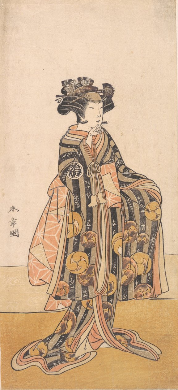 Yoshizawa Iroha som en kvinde Tomoe Gozen stående på bredden, 1774 eller 1775. af Shunsho