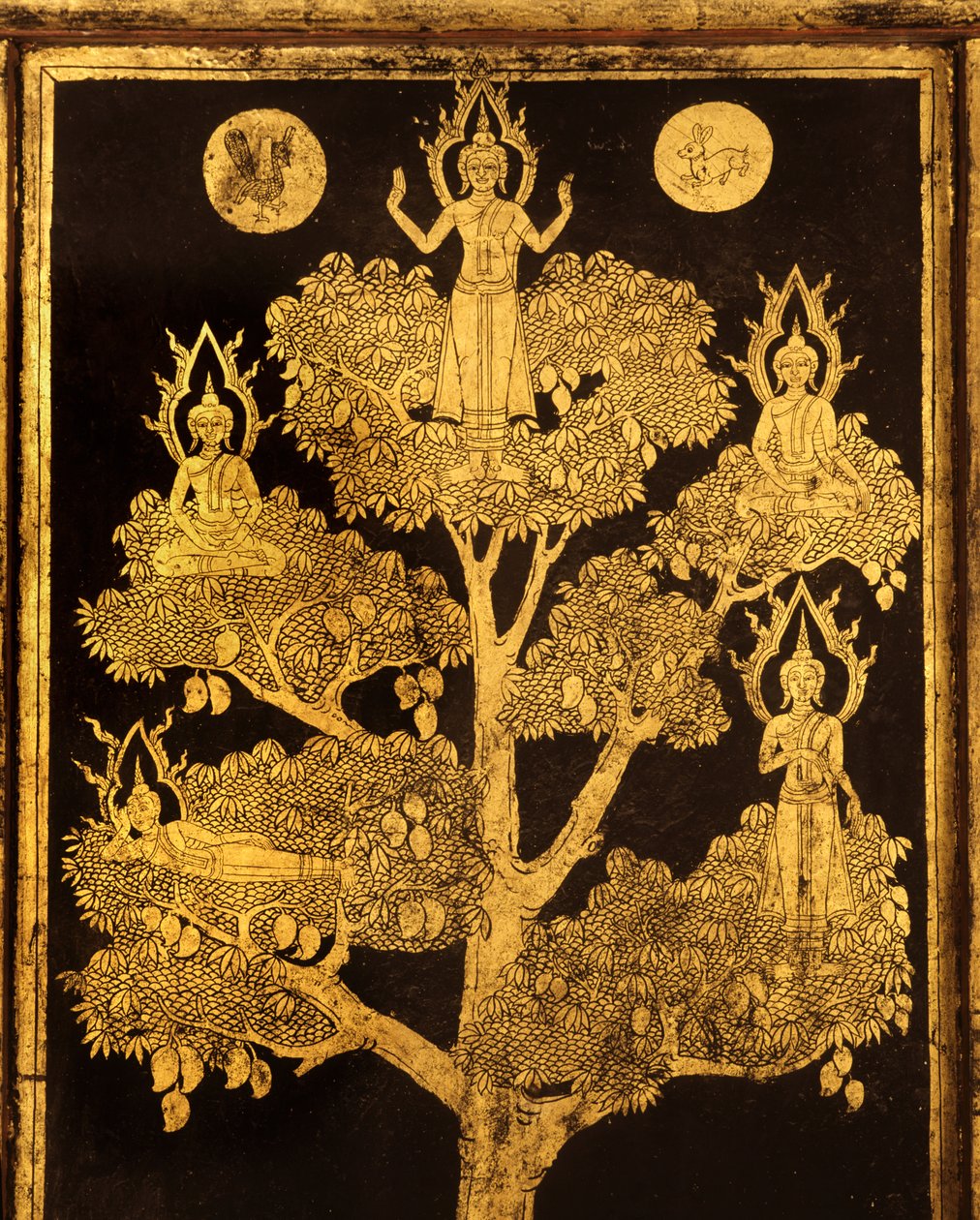 Bagpanel af et manuskriptskab med buddhistiske scener, sandsynligvis sen Ayutthaya-periode (lakeret og forgyldt træ) af Siamese School