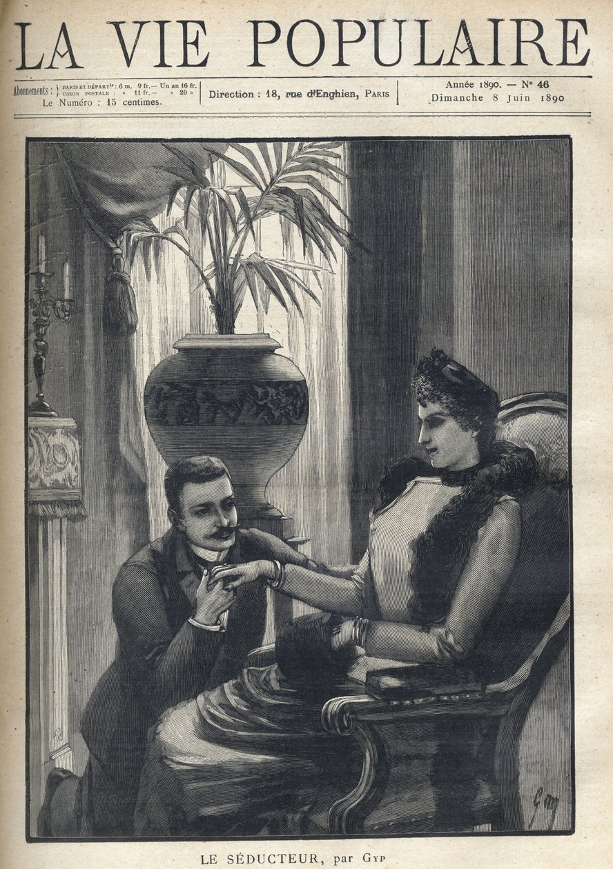 En mand på knæ holder hånden på en elegant kvinde, der sidder i en borgerlig stue, iført sin frakke, et ærme og et pelstørklæde. Illustration til Le Seducteur par Gyp (Sibylle Gabrielle Marie Antoinette Riquetti de Mirabeau, grevinde af Martel d. af Sibylle Gabrielle de Riquetti de Mirabeau