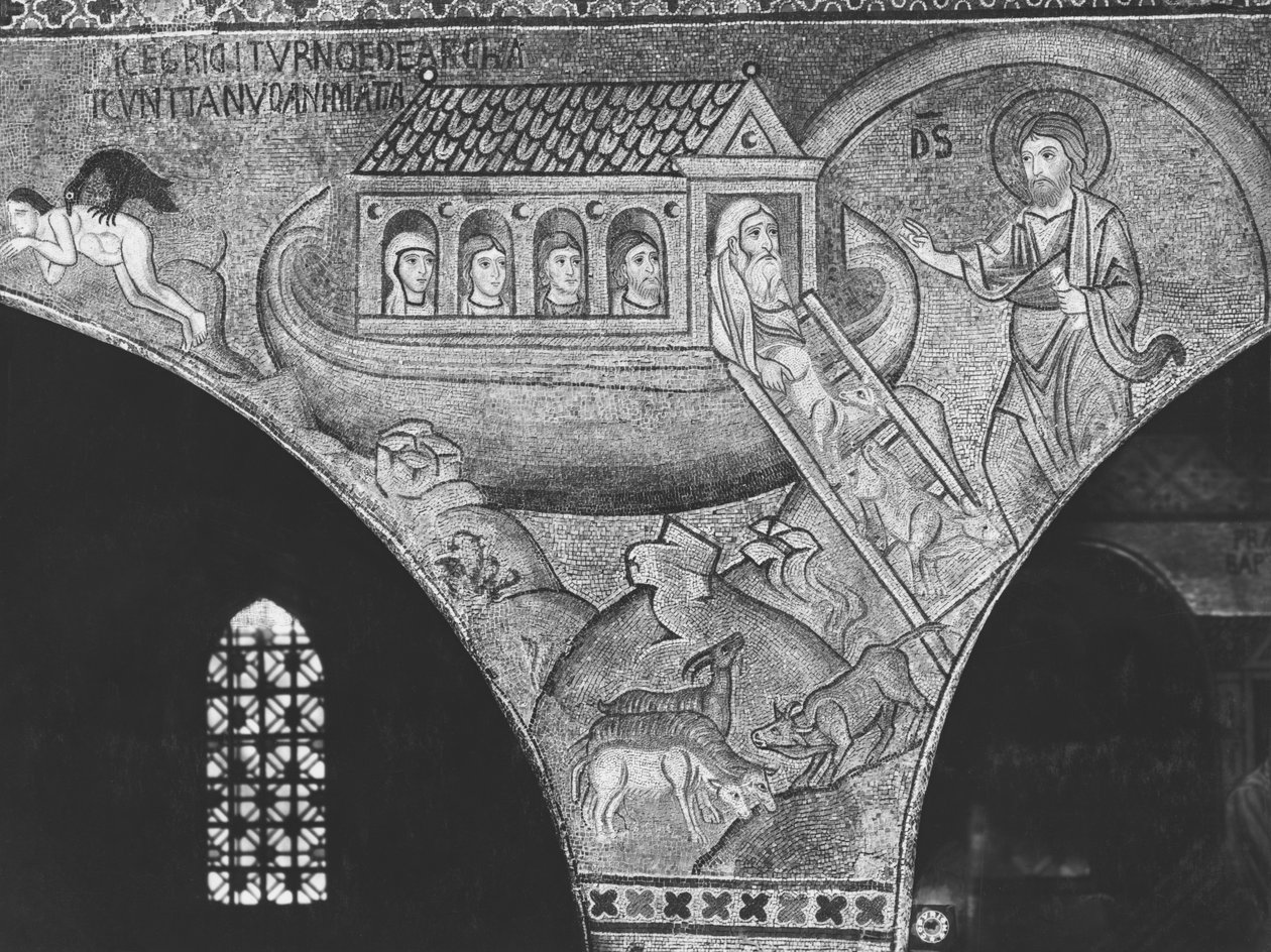 Noa fører dyrene til arken (mosaik) af Sicilian School