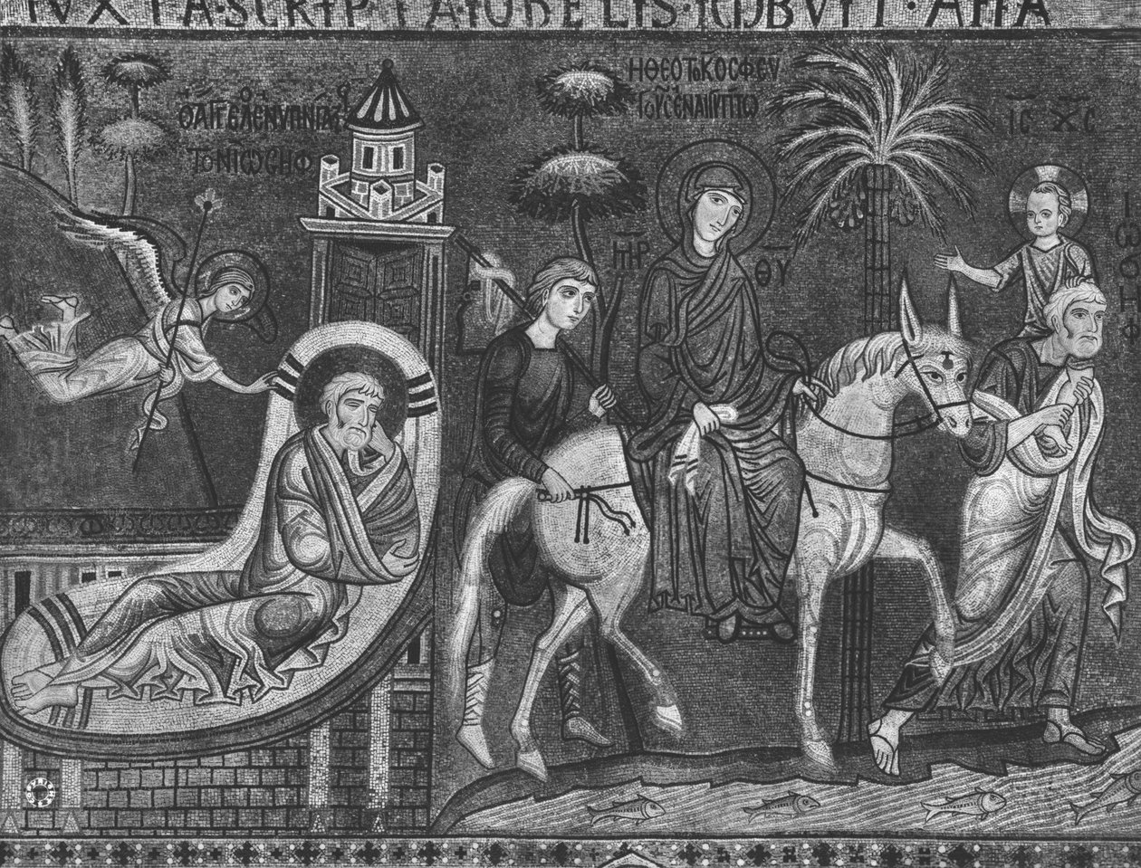 Drøm om Josef og flugt til Egypten (mosaik) af Sicilian School