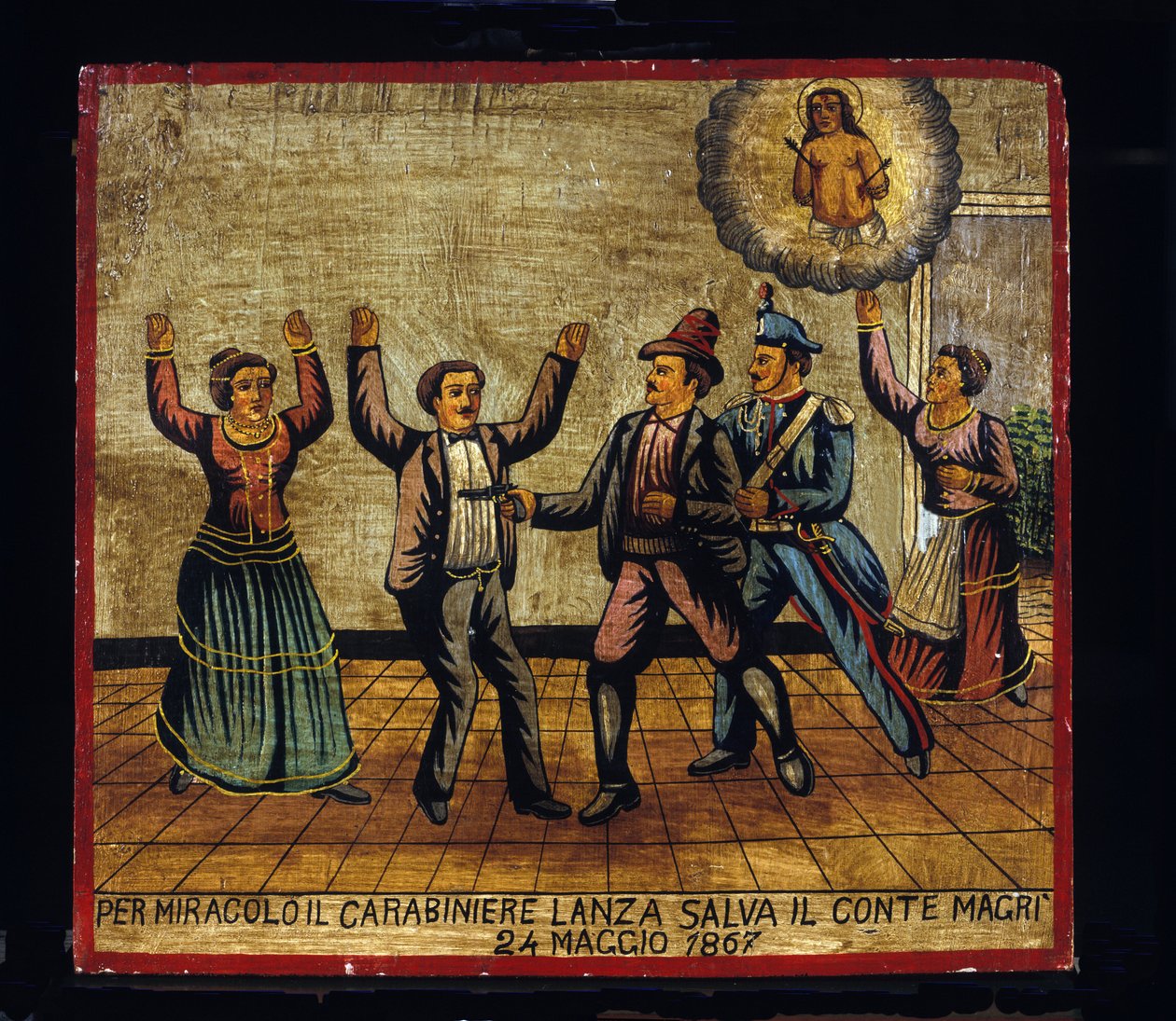 Ex-voto (ex voto) siciliansk: "" Ved mirakel redder Carabinier Lanza grev Magri den 24/05/1867"". Repræsentation af en brigandage (Brigantaggio): en røver angriber sin pistol på Magri-parret, mens karabinkrogen overrasker ham bagfra. . af Sicilian School