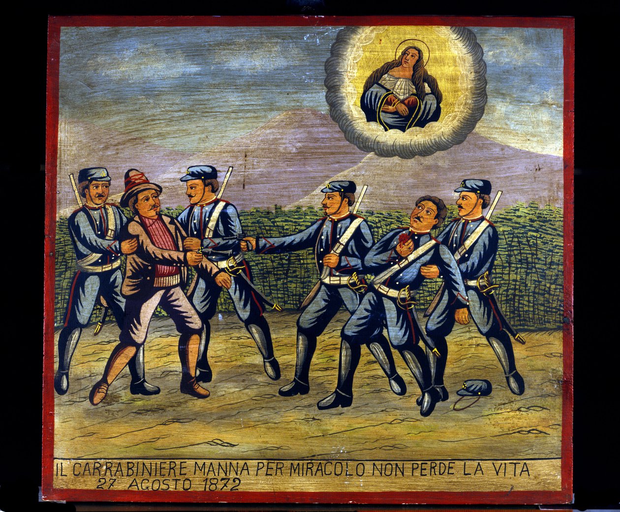 Ex-voto (ex voto) siciliansk: “” Karabinhageren Manna mister ved mirakel ikke livet den 27/08/1872””. Repræsentation af en brigandage (Brigantaggio): En røver skød på Carabinier Manna, mens den anden Carabinieri stoppede ham. . af Sicilian School
