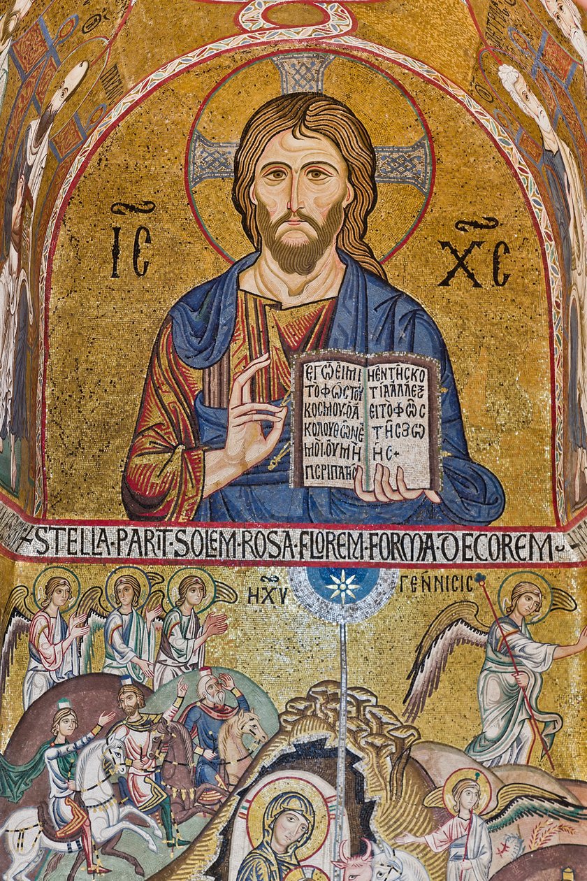 Palatinerkapellet (basilikaen), sydlige apsis eller St Pauls "absidiola", mosaikker: "Christ Pantocrator" og "Nativity", XII århundrede af Sicilian School