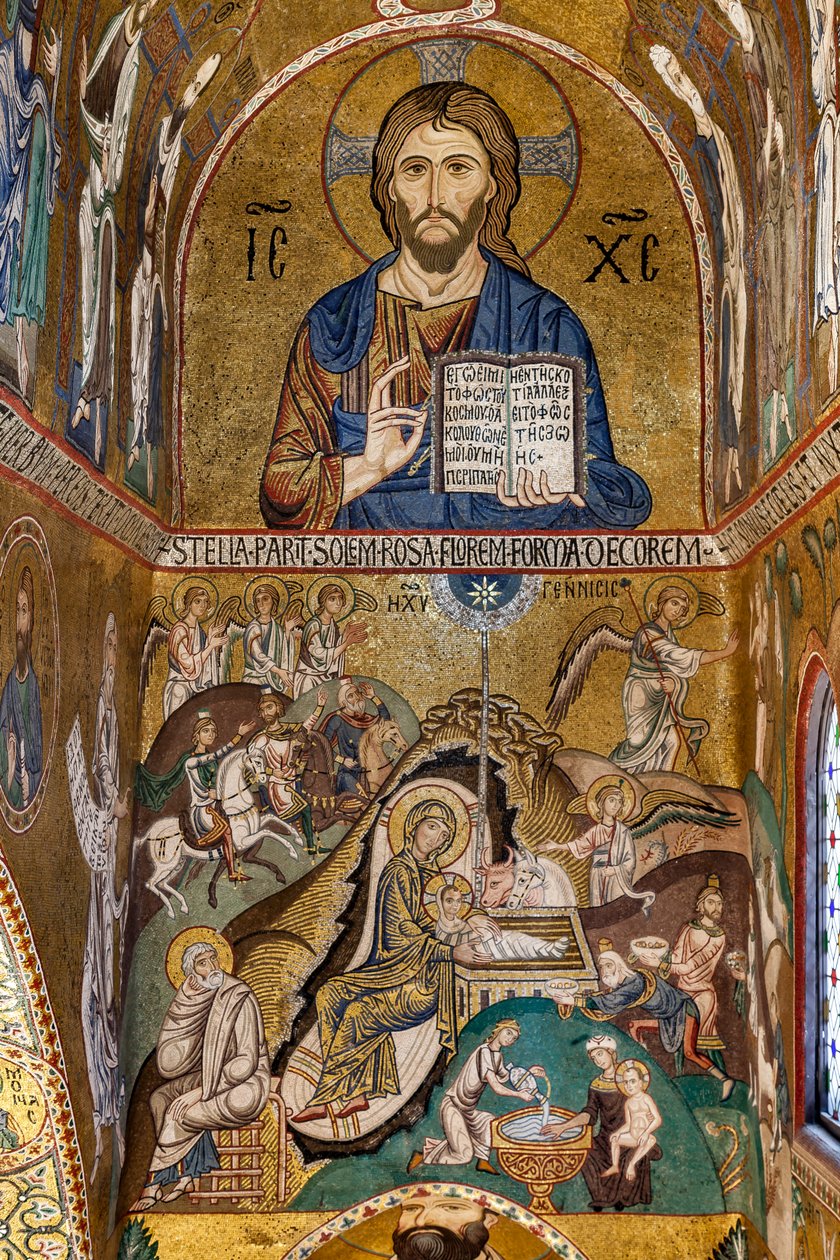 Palatinerkapellet (basilikaen), sydlige apsis eller St Pauls "absidiola", mosaikker: "Christ Pantocrator" og "Nativity", XII århundrede af Sicilian School