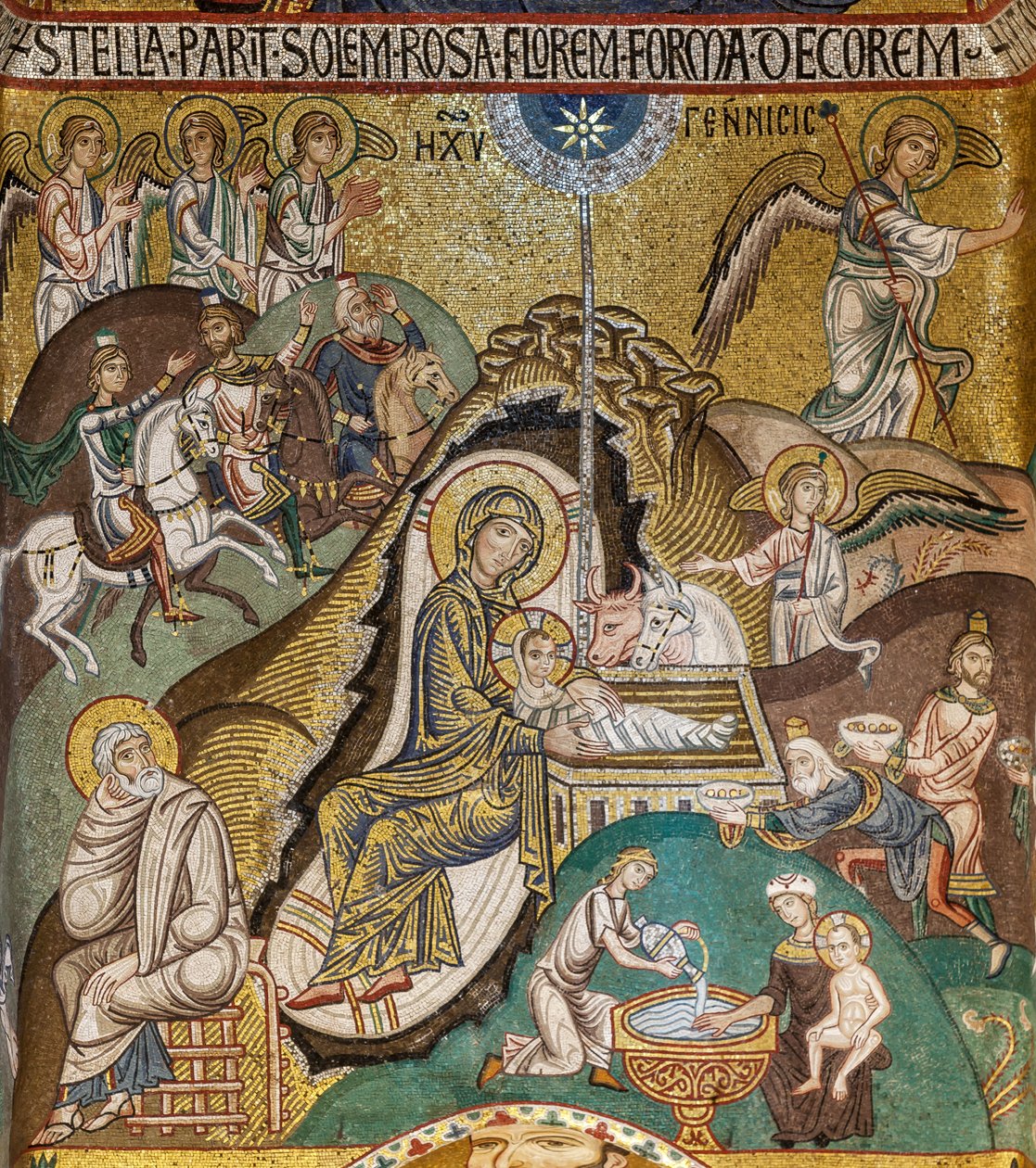 Palatinerkapellet (basilikaen), sydlige apsis eller St Pauls "absidiola", mosaikker: "Fødselskirken", XII århundrede af Sicilian School