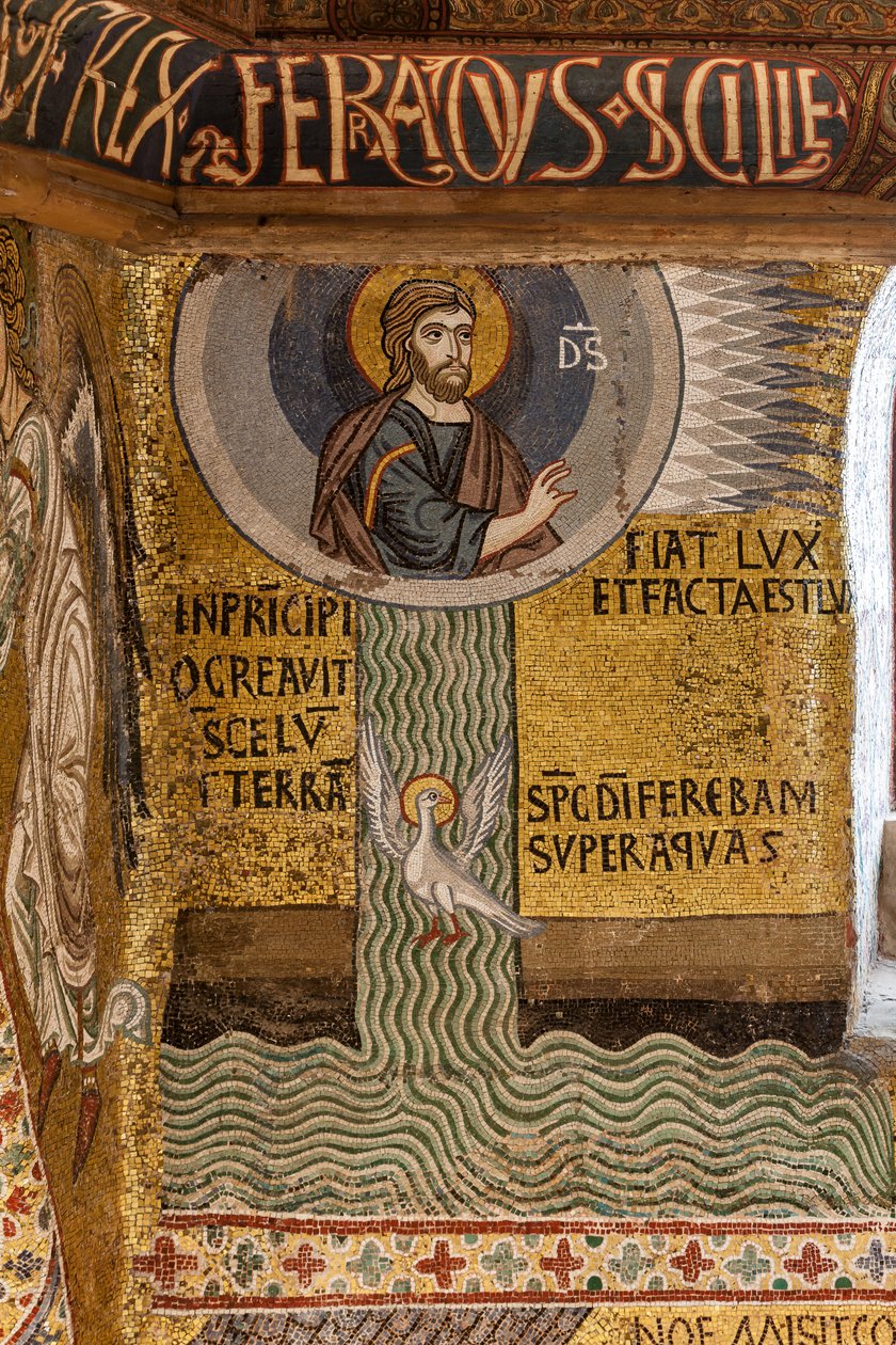 Palatinerkapellet (basilikaen), cyklus af mosaikker i Det Gamle Testamente, skabelsescyklus: "Fiat Lux Gud skaber lyset og deler vandene", XII århundrede af Sicilian School