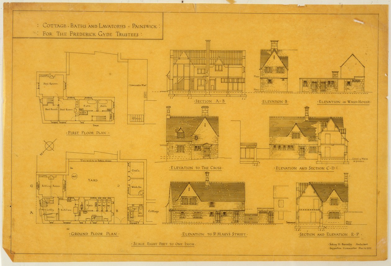 Sommerhus, bade og toiletter - Painswick, for Frederick Gyde Trustees, 14. marts 1923 (blæk på papir) af Sidney Barnsley