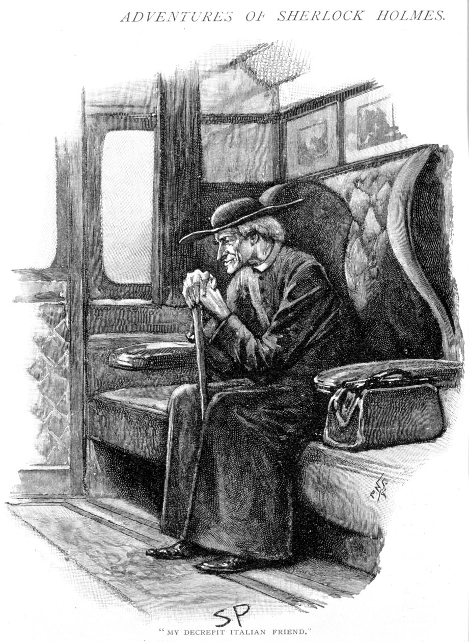 Arthur Conan Doyle The Adventure of the Final Problem Strand Magazine, London, 1893. Illustreret af Sidney E. Paget (1860-1908), den første kunstner, der tegnede Holmes. Holmes, som gammel italiensk præst, venter på, at Boat Train trækker ud af Victoria St af Sidney Paget
