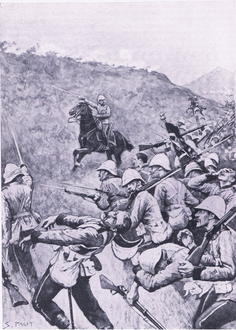 Langs Nek, 28. januar 1881 (1. Boer War), illustration fra britiske slag på land og hav, 1915 af Sidney Paget