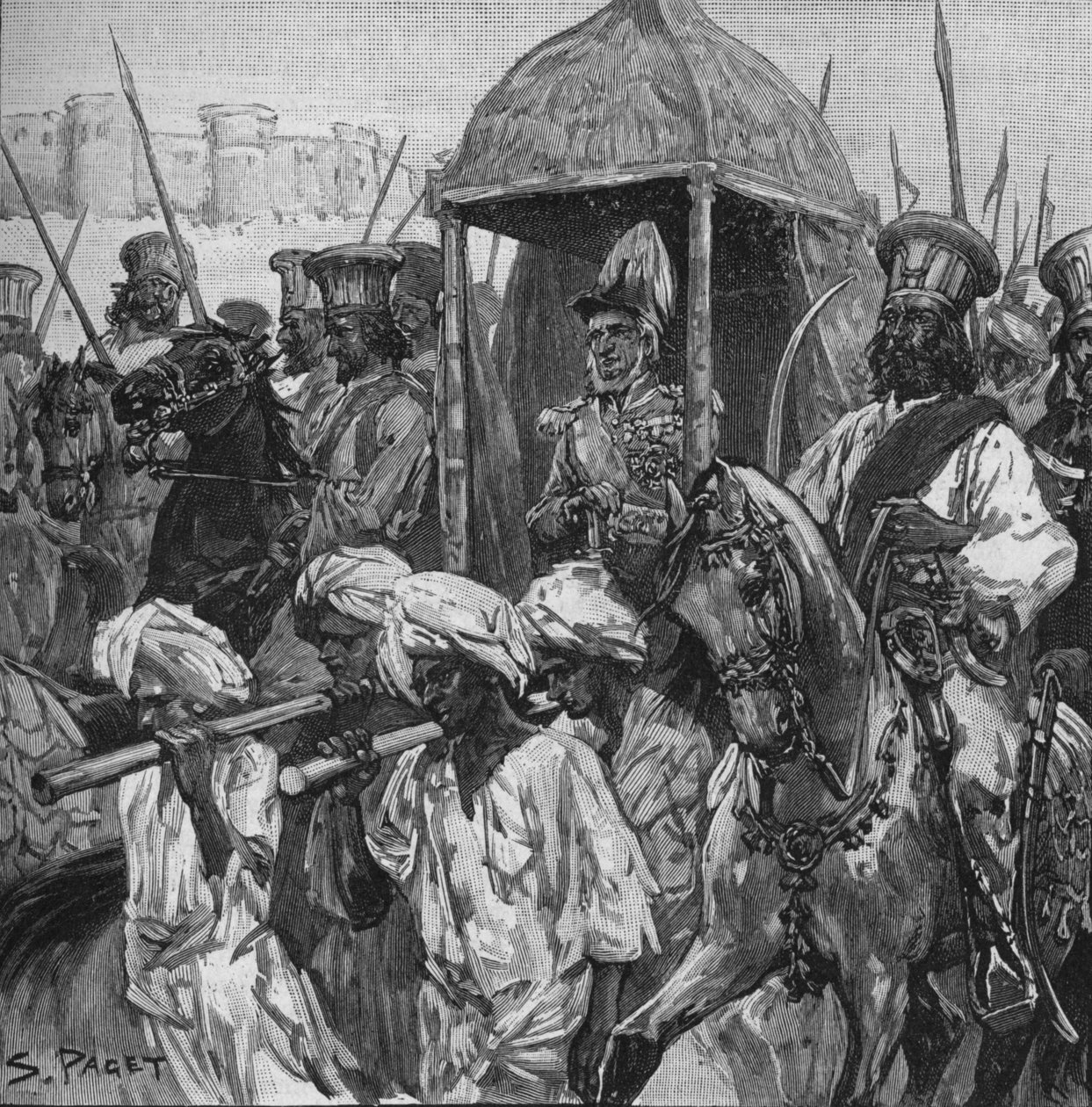Napier, i fuld uniform, blev født ind i Hyderabad i en storslået Palanquin, 1902 af Sidney Paget