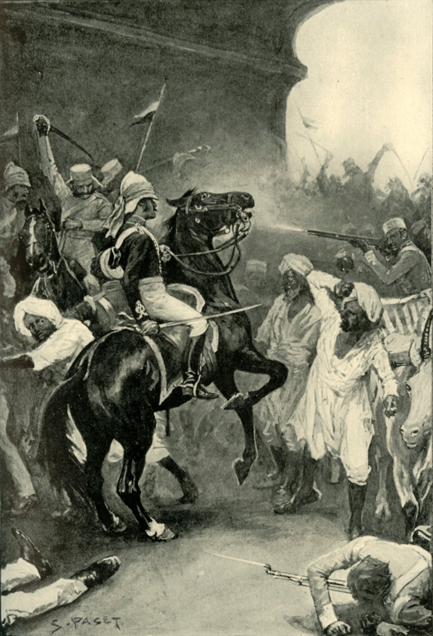 Roberts får sin oplader skudt gennem hovedet ved Bulandshair, 1901. af Sidney Paget