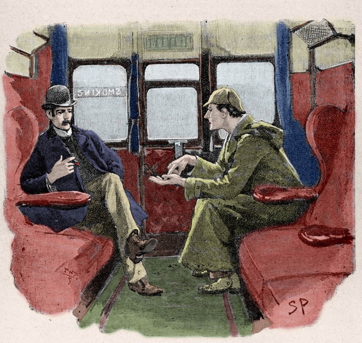Silver Blaze: Sydney Pagets illustration af et Sherlock Holmes-eventyr. Den berømte detektiv er repræsenteret med Dr. Watson på et tog. Udgivet på "The Strand Magazine". Nyheder af Conan Doyle. 1892. af Sidney Paget