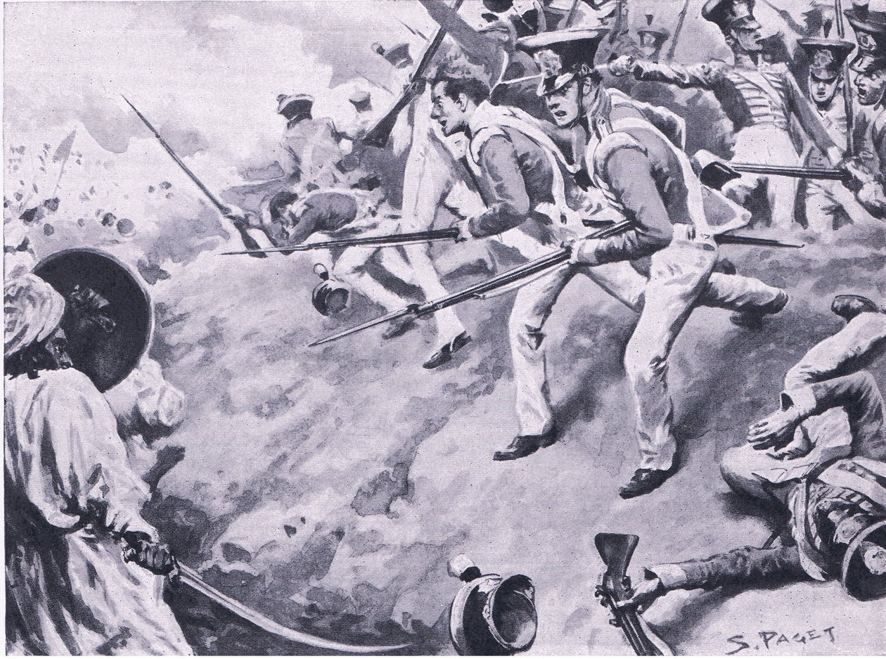 Slaget ved Dubba, 24. marts 1843, illustration fra britiske slag på land og hav, 1915 af Sidney Paget