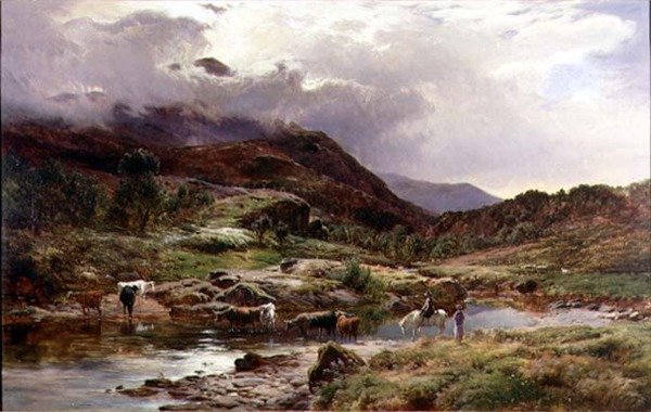 En bjergrig flodscene med kvæg i forgrunden (olie) af Sidney Richard Percy