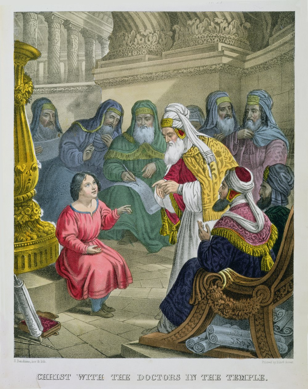 Kristus med lægerne i templet, fra en bibel trykt af Edward Gover, 1870