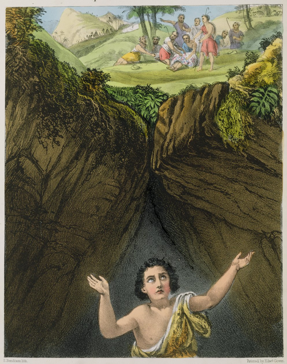 Joseph kastet i graven af sine brødre, fra en bibel trykt af Edward Gover, 1870