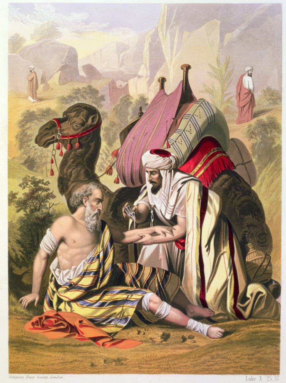 Den barmhjertige samaritaner, fra en bibel trykt af Edward Gover, 1870