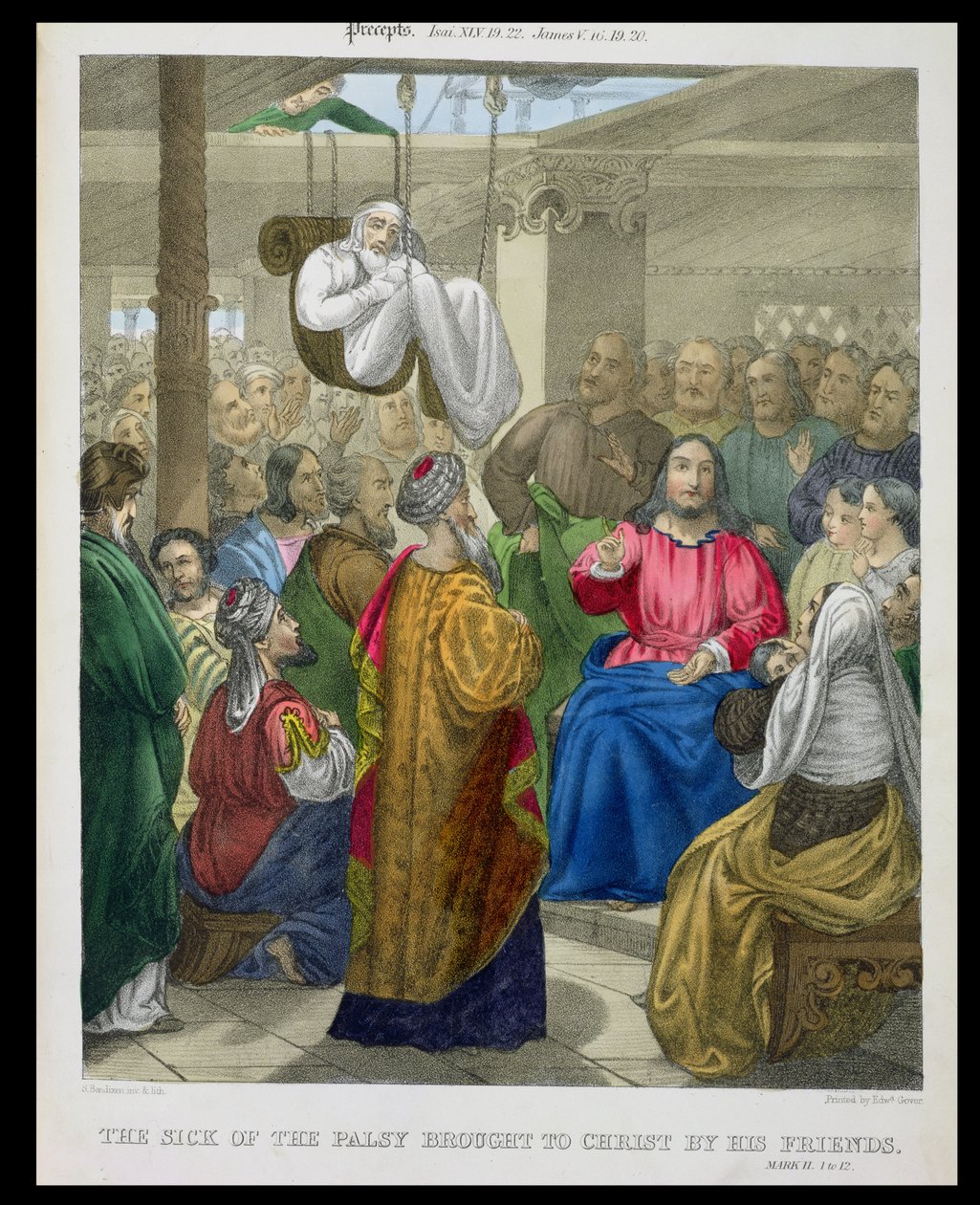 The Sick of the Palsy bragt til Kristus af hans venner, fra en bibel trykt af Edward Gover, 1870