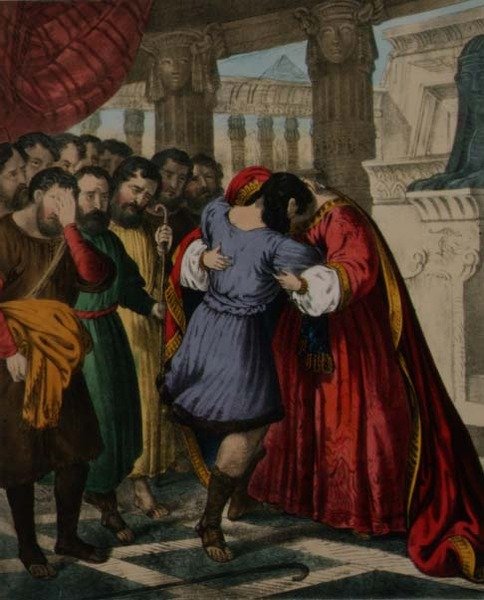 Josephs tilgivelse af sine brødre, fra en bibel trykt af Edward Gover af Siegfried Detler Bendixen