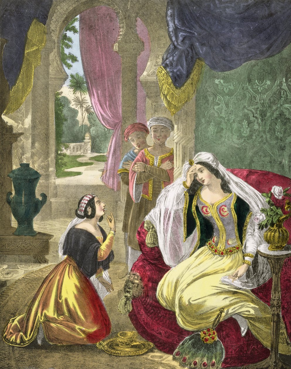 Den fangede hebraiske pige, der ventede på Naamans kone, fra en bibel trykt af Edward Gover, 1870