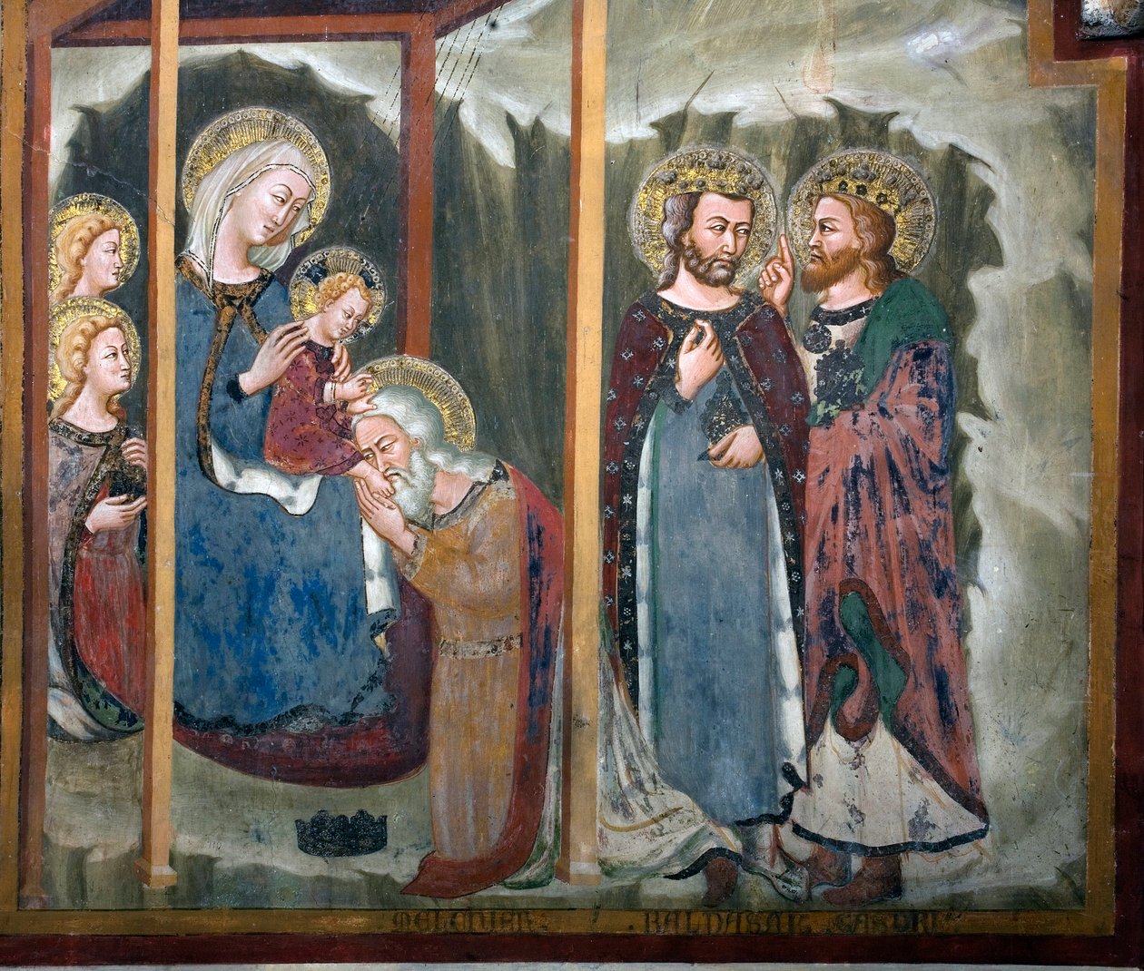 Tilbedelse af Magi Fresco fra School of Siena. 14. århundrede. Jomfruens kapel. Klosteret Saint Benedetto (Sacro Speco), Subiaco (Rom), Italien af Sienese School