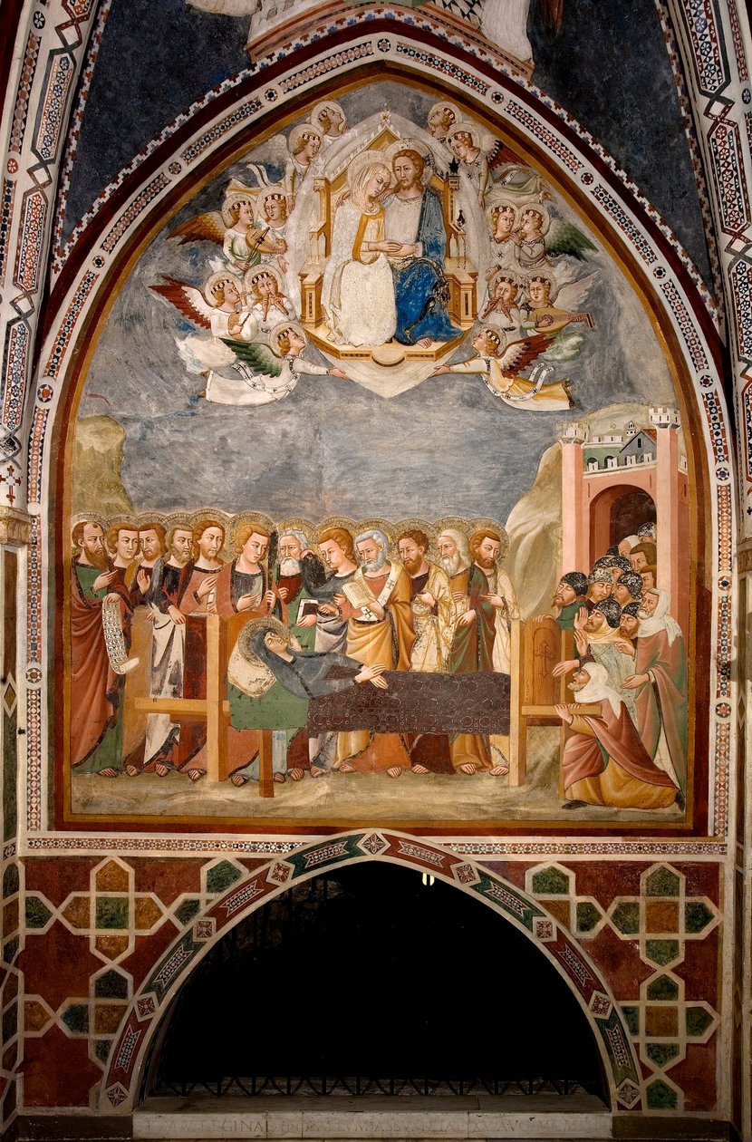Jomfruens liv: "" Dormitionen og Jomfruens himmelfart""" Fresko fra Siena-skolen (1300-tallet) Klosteret St. Benedetto (Sacro Speco), Jomfruens kapel a Subiaco (Rom), Italien af Sienese School