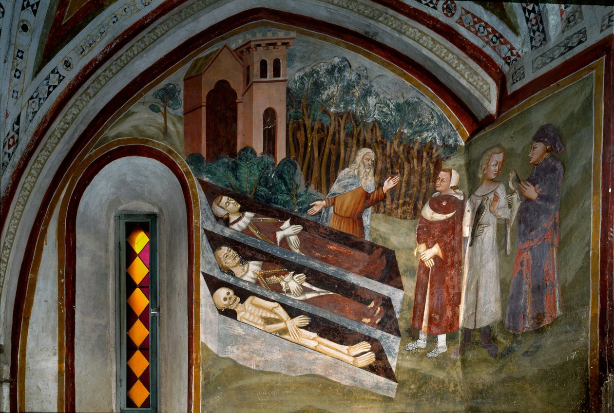Møde mellem de døde og levende. Detalje af en freskomaleri fra Sienas skole. 14. århundrede. Klosteret Saint Benoit (Sacro Speco), Trappe, Subiaco (Rom), Italien af Sienese School