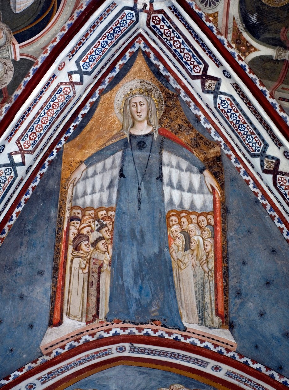 Repræsentation af Jomfru Maria Kirkens mor Fresko af Jomfrukapellet lavet af Siena-skolen i det 14. århundrede - Klosteret St. Benedetto (Sacro Speco), Subiaco (Rom), Italien af Sienese School