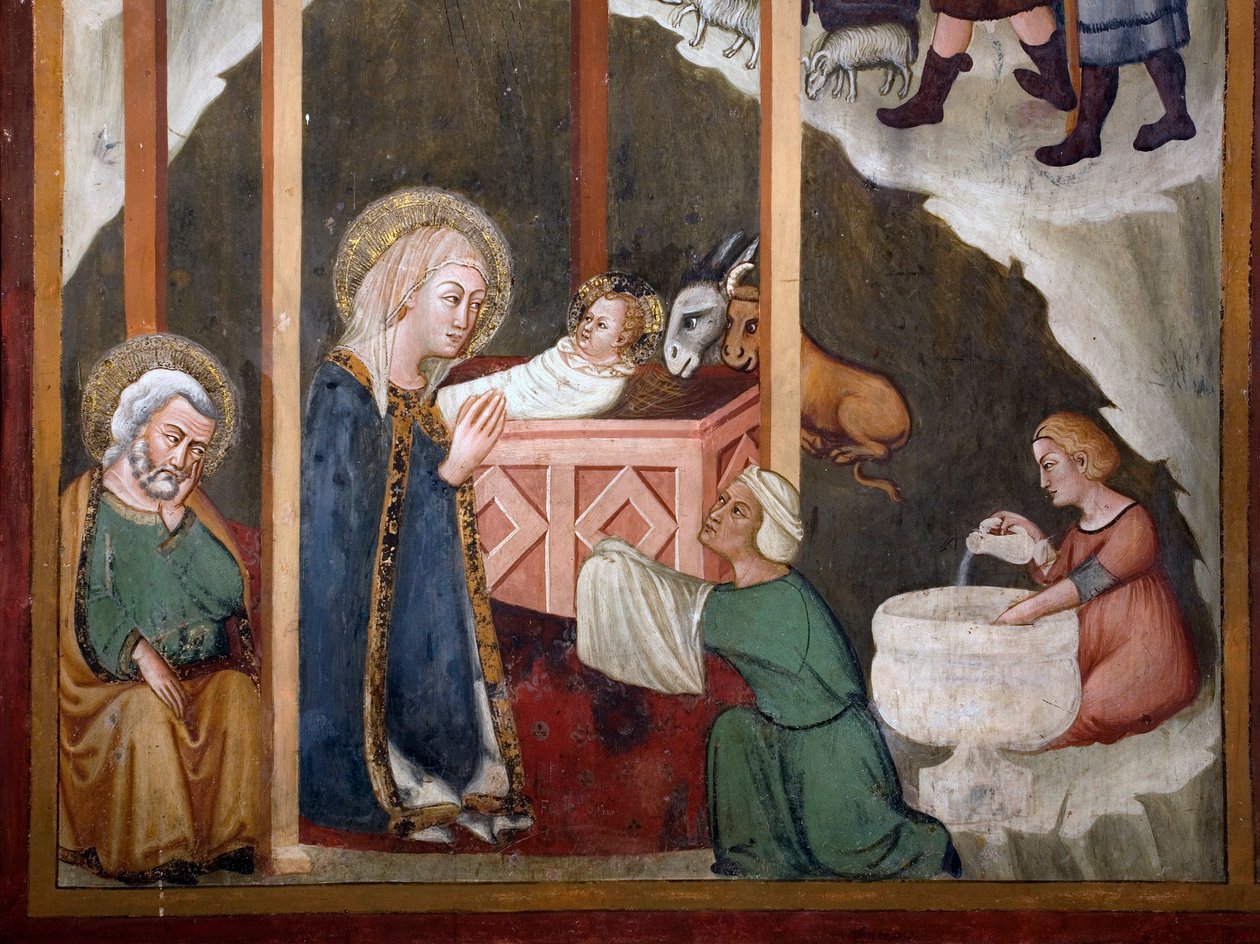 Nativite Fresco af skolen i Siena. 14. århundrede. Jomfruens kapel. Klosteret Saint Benedetto af Sienese School