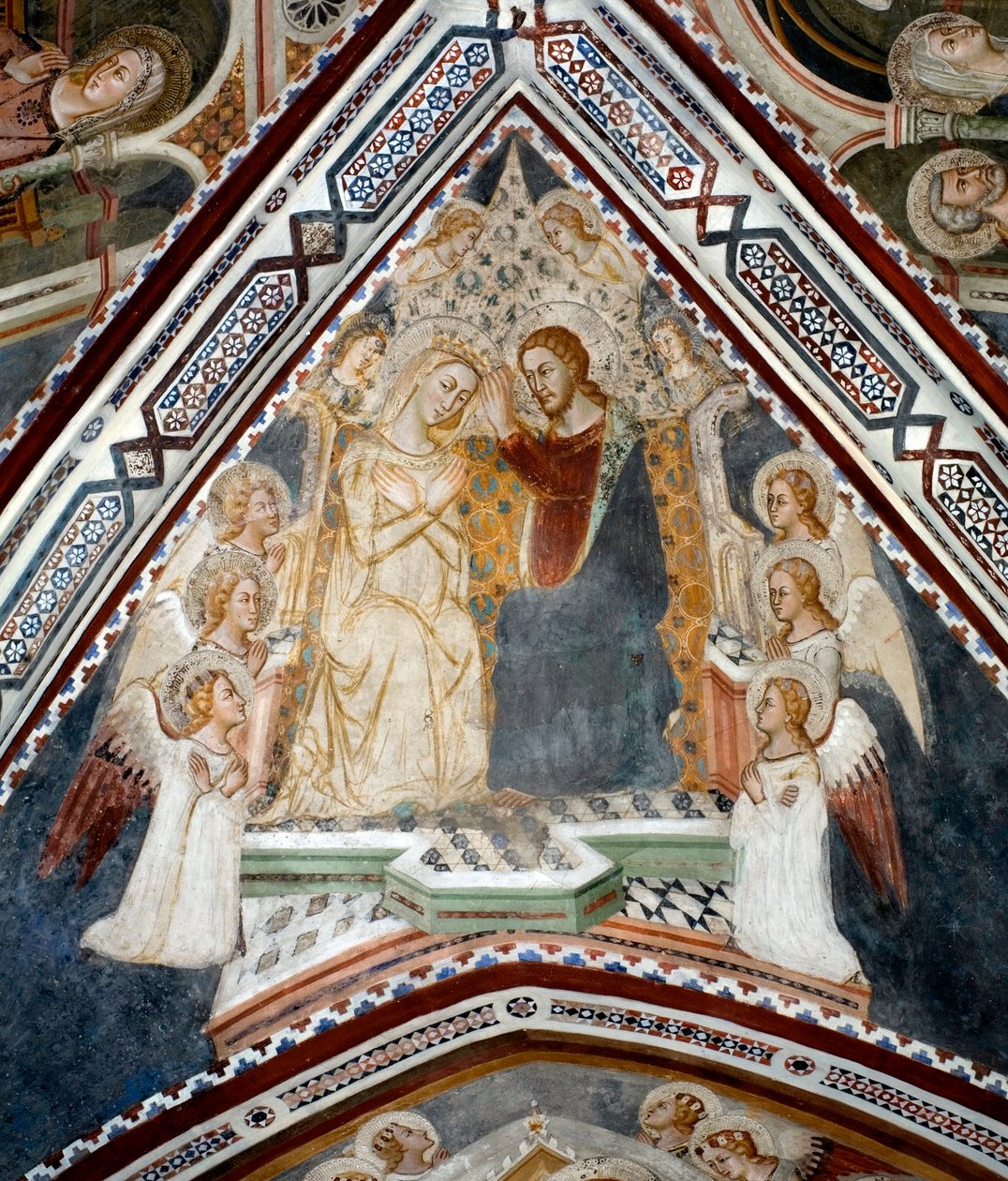 Kroningen af Jomfrufresken af Jomfrukapellet udført af skolen i Siena i det 14. århundrede - klosteret St. Benedetto (Sacro Speco), Subiaco (Rom), Italien af Sienese School