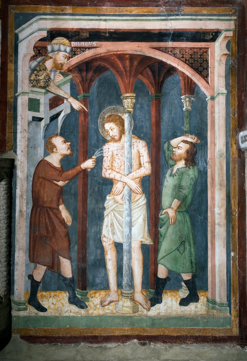 Den piskede fresco af Sienas skole. 14. århundrede. Superior Kirke. Klosteret Saint Benedetto af Sienese School