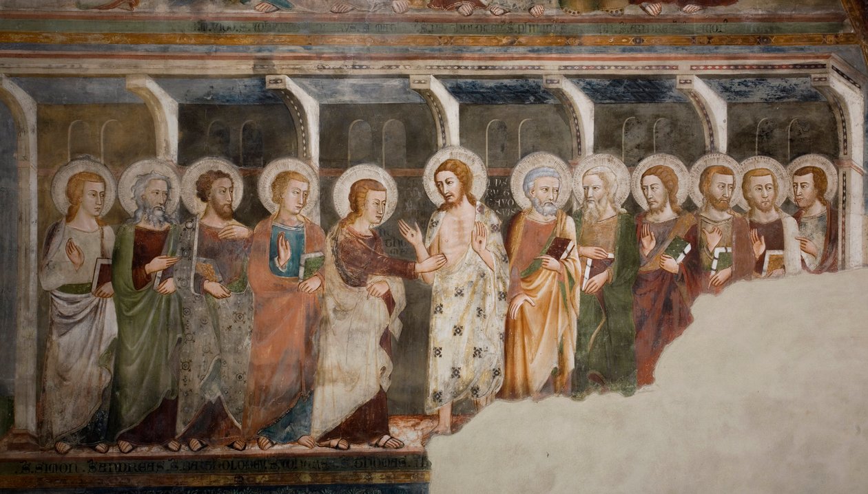 Apostelen Thomas Frescos vantro fra Sienas skole. 14. århundrede. Superior Kirke. Klosteret Saint Benedetto (Sacro Speco), Subiaco (Rom), Italien af Sienese School