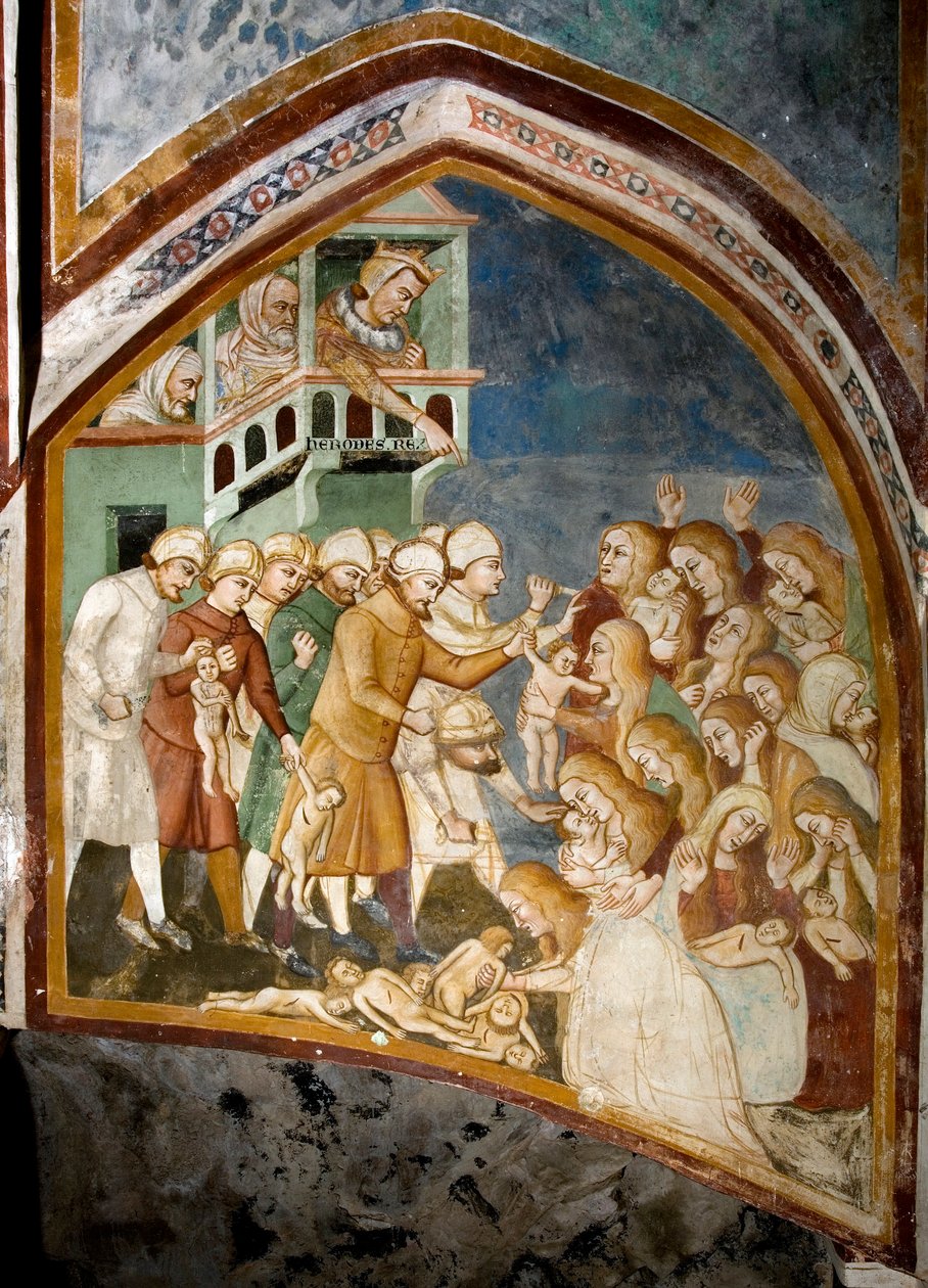 Massakren på de uskyldige Detalje af en fresco af skolen i Siena (1300-tallet) 1363-1366 Klosteret St. Benedetto (Sacro Speco), Subiaco (Rom), Italien af Sienese School