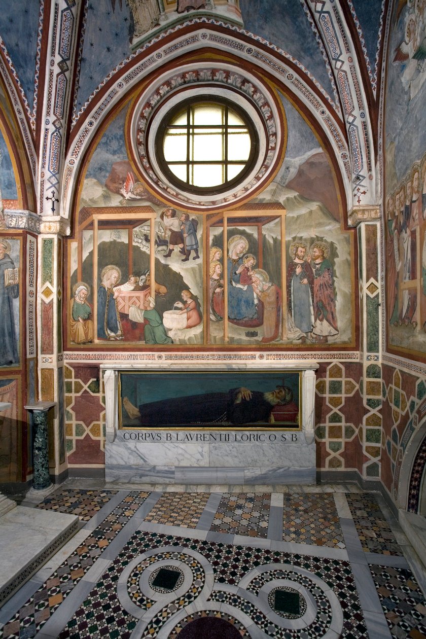 Fødslen og tilbedelsen af Magi Fresco School of Siena. 14. århundrede. Jomfruens kapel. Klosteret Saint Benedetto (Sacro Speco), Subiaco (Rom), Italien af Sienese School