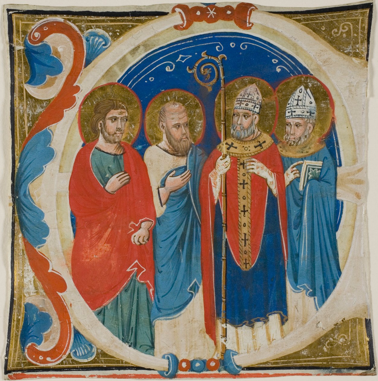 To hellige og to biskopper i et historisk indledende "E" fra en korbog af Sienese School