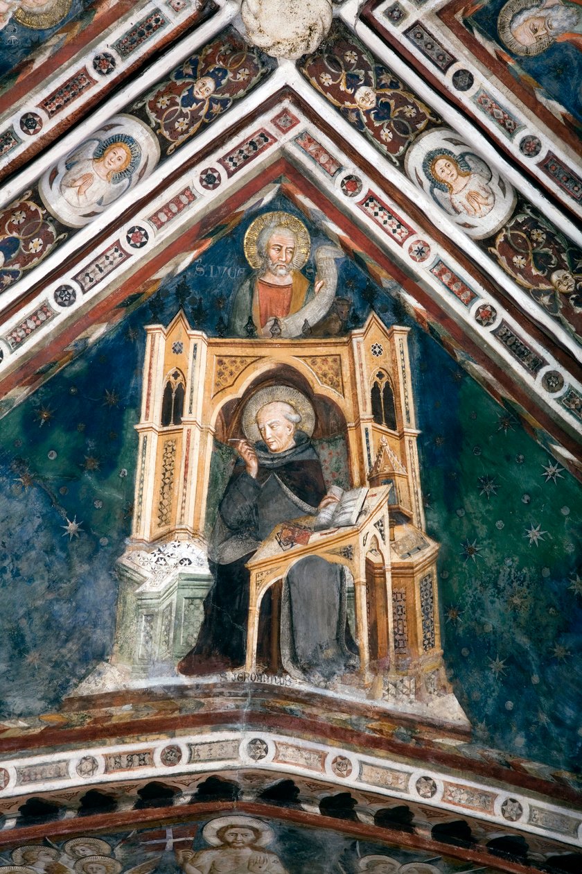 Visning af detaljerne i en fresco, der dekorerer en af hvælvingerne i den øvre kirke, der repræsenterer den romerske kirkes fire læger: Sankt Hieronymus og evangelisten Sankt Lukas. lavet af skolen i Siena fra begyndelsen af det 14. århundrede. Kloster af af Sienese School