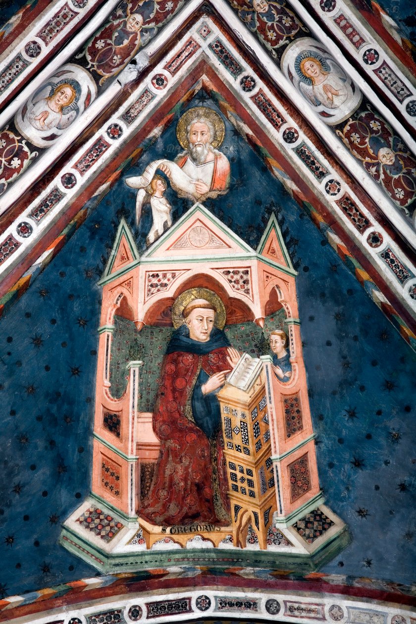 Visning af detaljerne i en fresco, der dekorerer en af hvælvingerne i den øvre kirke, der repræsenterer de fire læger i den romerske kirke: St. Gregoire I den Store og evangelisten Saint Mathieu af Sienese School