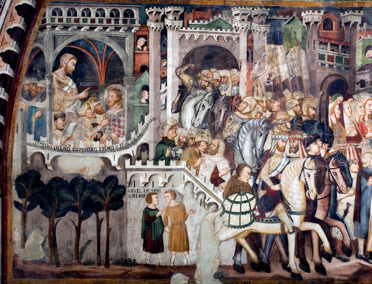 Visning af detaljerne i en fresko, der dekorerer den øvre kirke, der forestiller Montee på Golgata: til venstre Jesus foran Pontius Pilatus. Realiseret af skolen i Siena fra begyndelsen af det 14. århundrede. Klosteret Saint Benedetto (Sacro Speco), Su af Sienese School