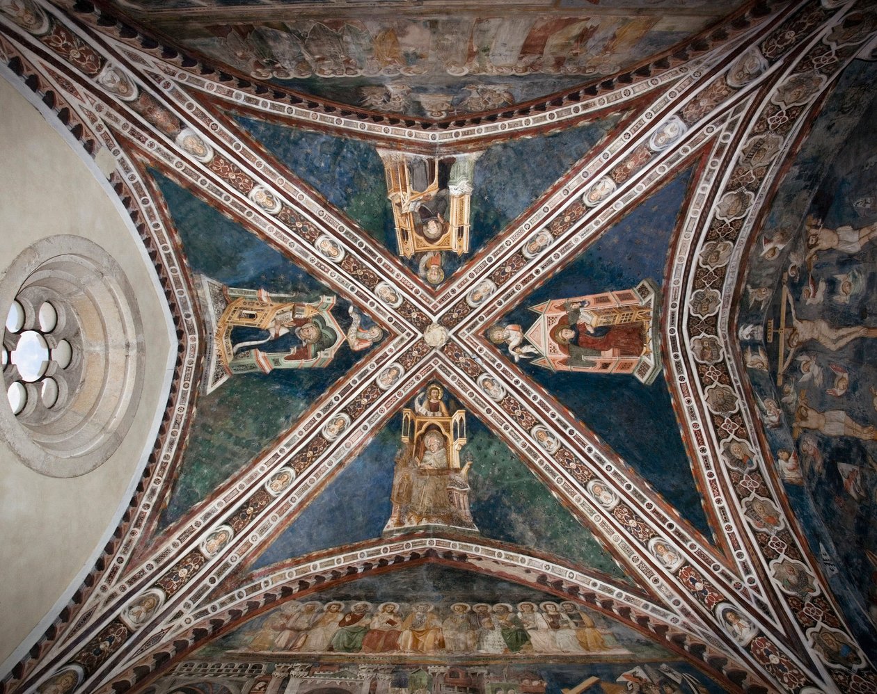 Udsigt over kalkmalerierne, der dekorerer en af hvælvingerne i den øvre kirke, der repræsenterer de fire læger i den romerske kirke: Ambrosius af Milano af Sienese School