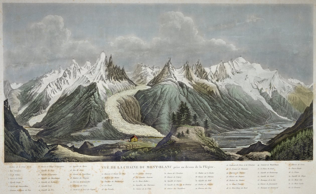 Udsigt over Mont Blanc-massivet (Mont Blanc) - UDSIGT AF CHAINE DU MONT BLANC TAGET Ovenfor FLEGERE AF SIGISMOND HIMELY 1801-1872 - af Sigismond Himely