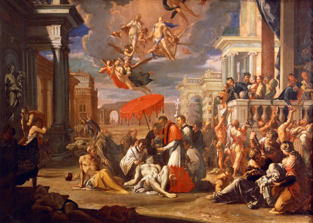 Sankt Karl Borromero giver nadver til pestofre i 1576, af Sigismund Caula (1637-1713), olie på lærred, 97x147 cm af Sigismondo Caula