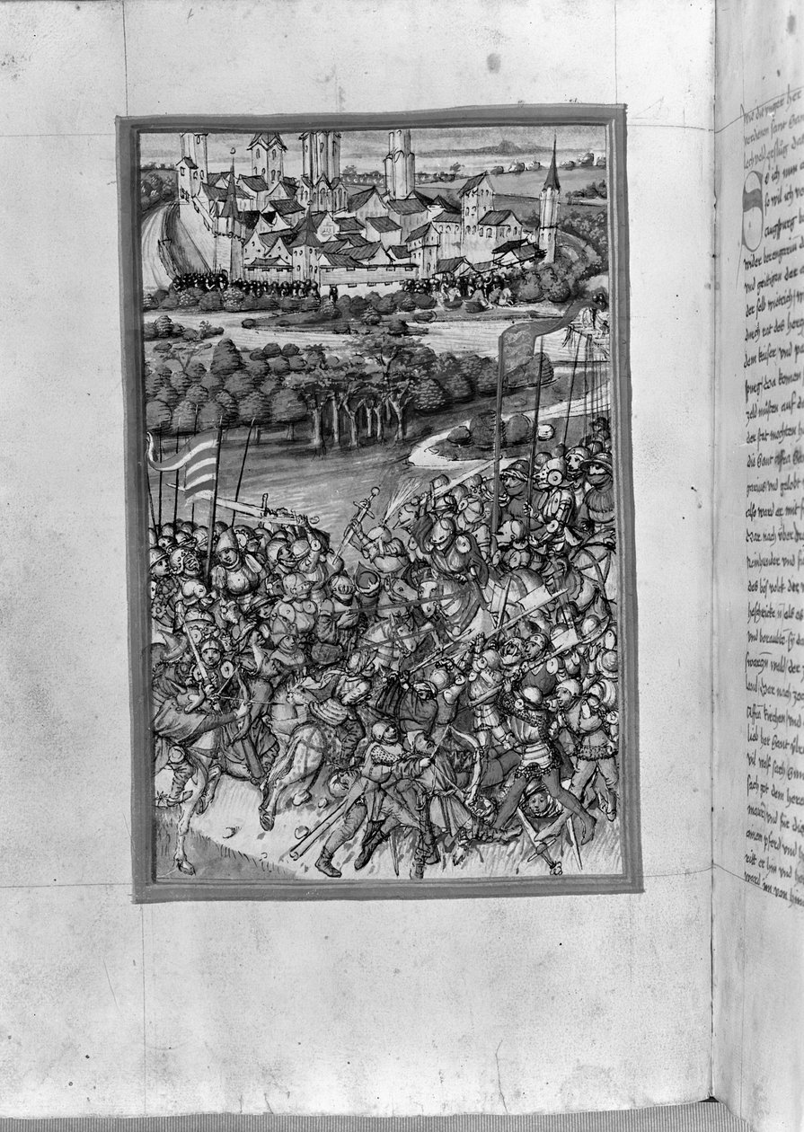 HB V 52 fol. 70v Illustration af slaget ved Lechfeld, fra Augsburg Chronicle, 1457 af Sigismund Meisterlin