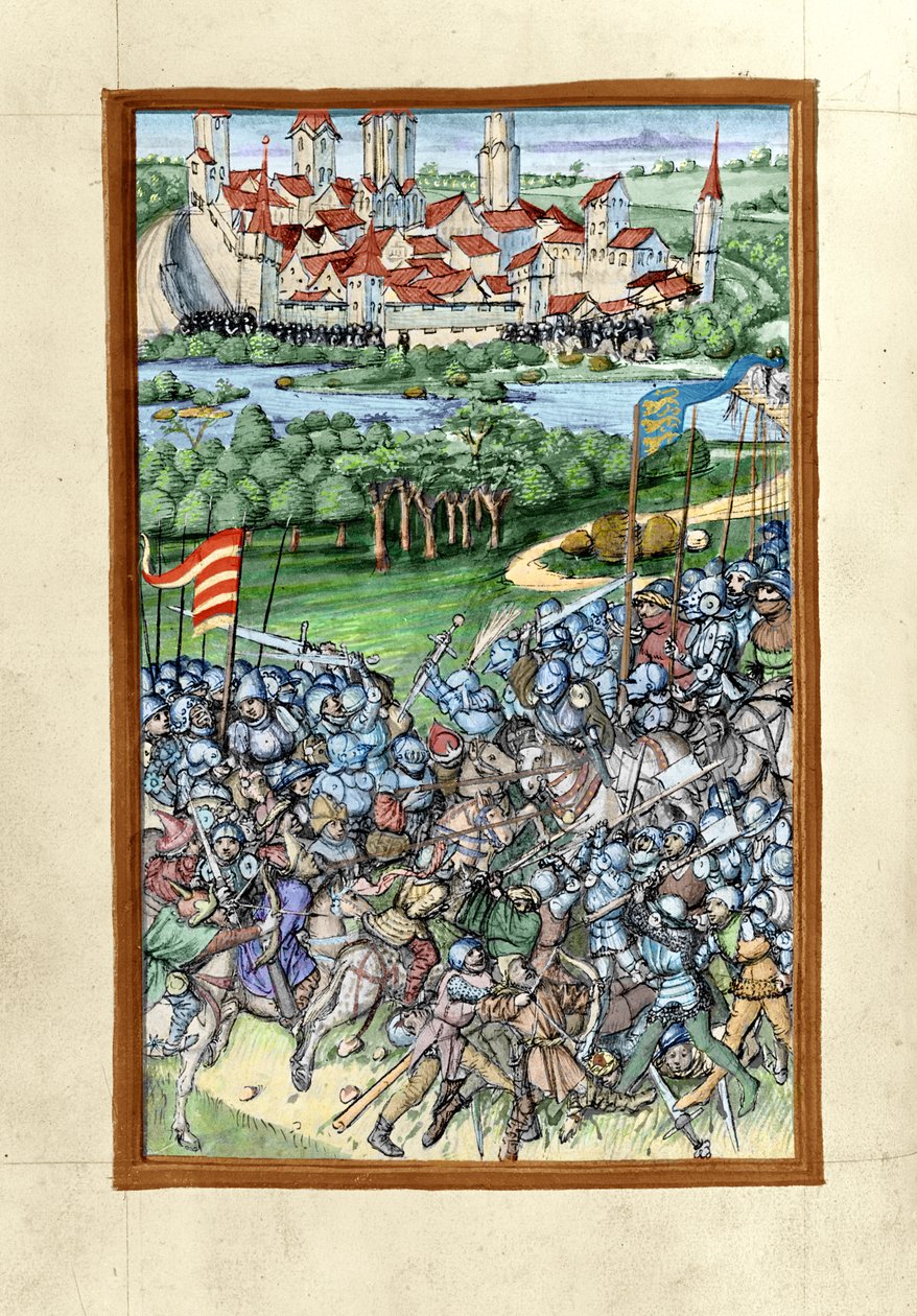 HB V 52 fol. 70v Illustration af slaget ved Lechfeld, fra Augsburg Chronicle, 1457 (farvet version af 293598) af Sigismund Meisterlin