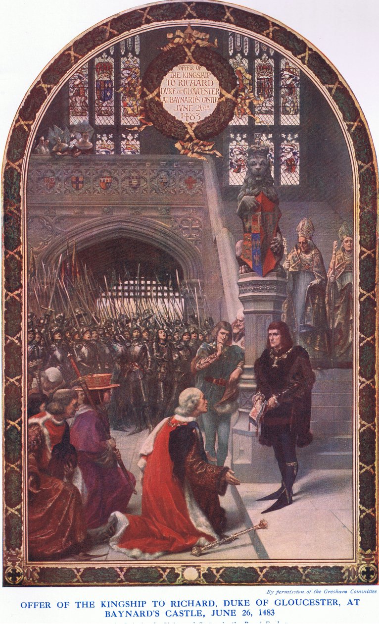 Tilbud om kongedømmet til Richard Duke of Gloucester på Baynards Castle, 26. juni 1483, fra Cassells History of the British People udgivet af Waverley Book Company Limited, ca. 1940 af Sigismund Christian Hubert Goetze