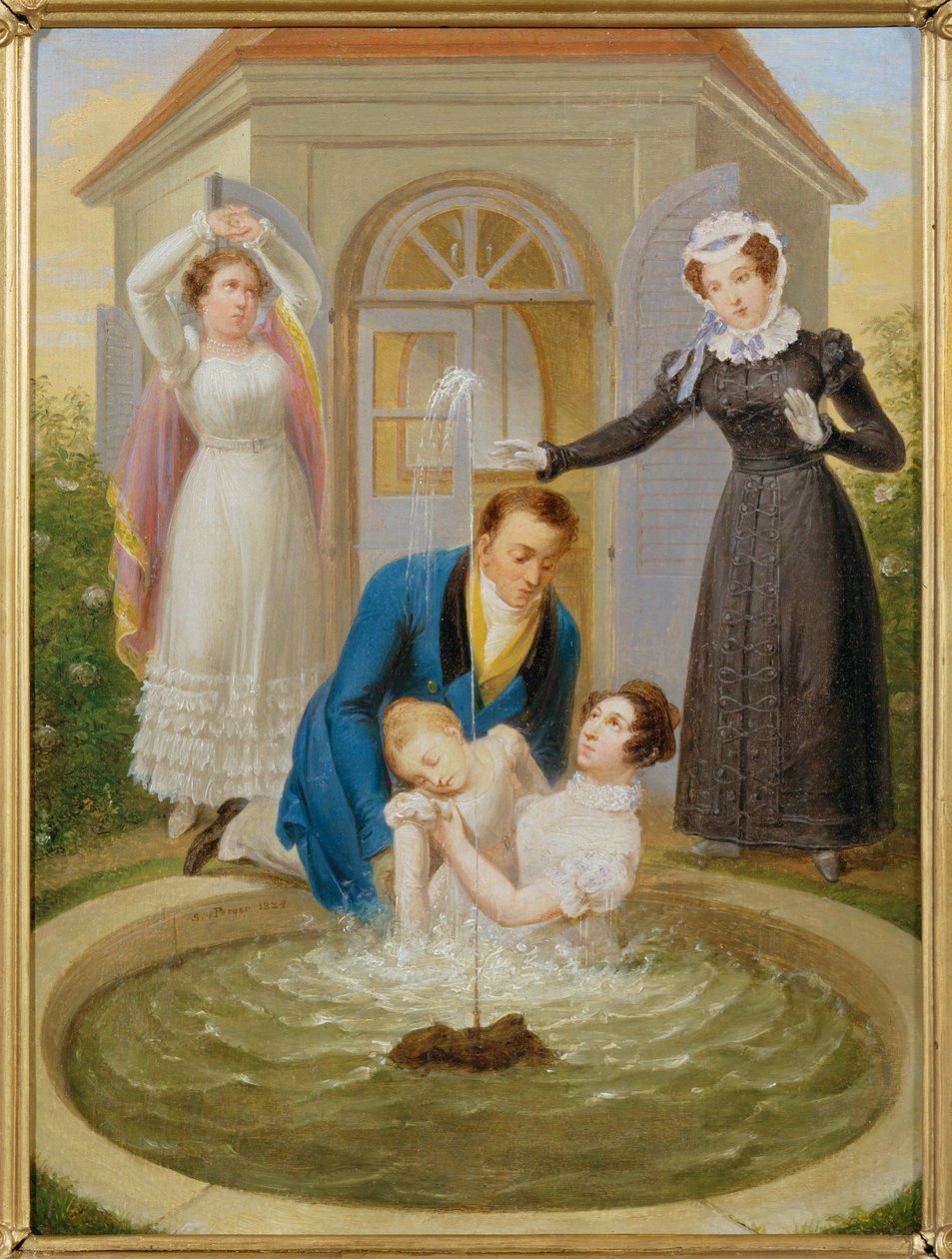 Redning af et barn faldet i en havedam - Et barn er reddet fra at drukne i en havedam ... af Sigmund Ferdinand Ritter von Perger