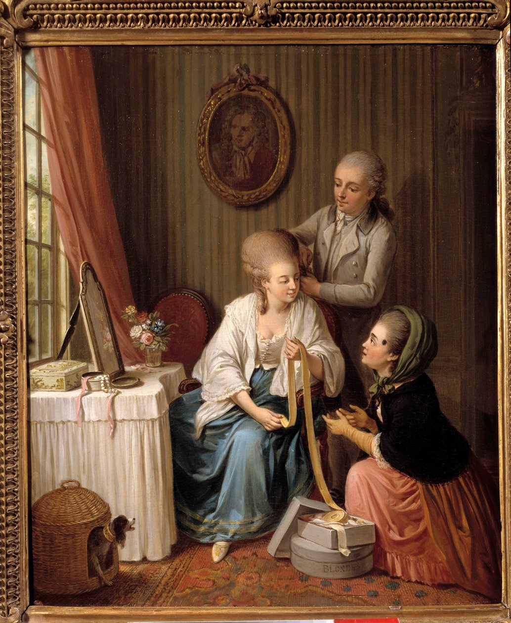 Båndhandleren En ung kvinde iført hår derhjemme taler med købmanden med en moderigtig flue i ansigtet. Maleri af Sigmund Freudenberg (1745-1801) Paris fra det 18. århundrede, Musee de Cognacq Jay af Sigmund Freudenberger