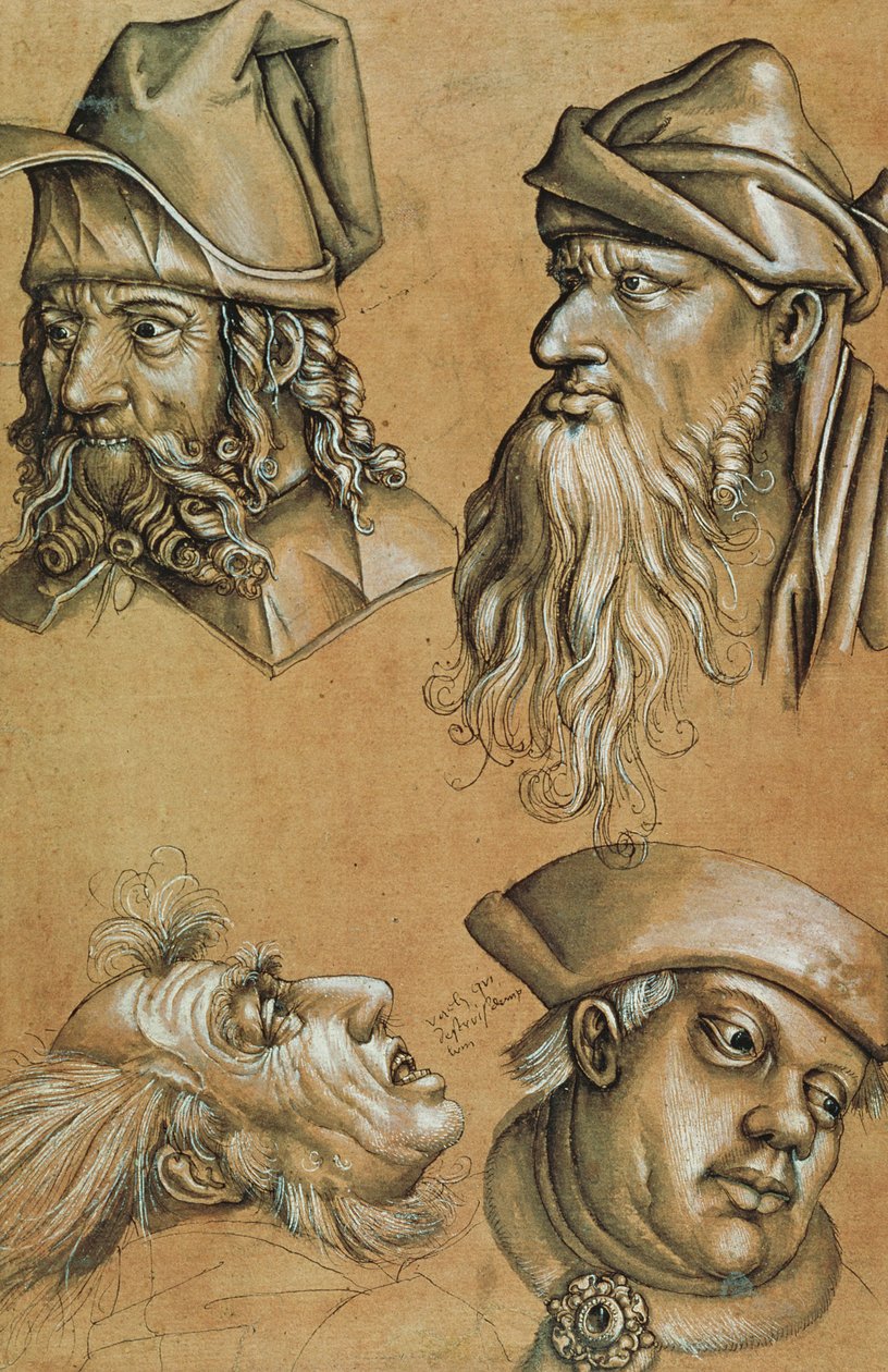 Studier af fire hoveder til en passionsserie (pen og blæk, vask og bodycolour på papir) af Sigmund Holbein